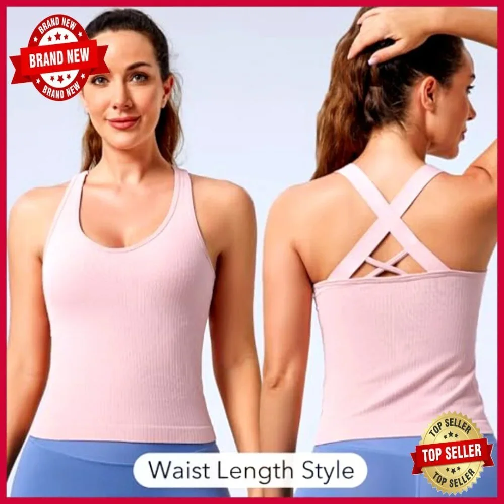 Criss Cross Strappy Workout Tank Top with Built-in Bra, Ribbed Seamless